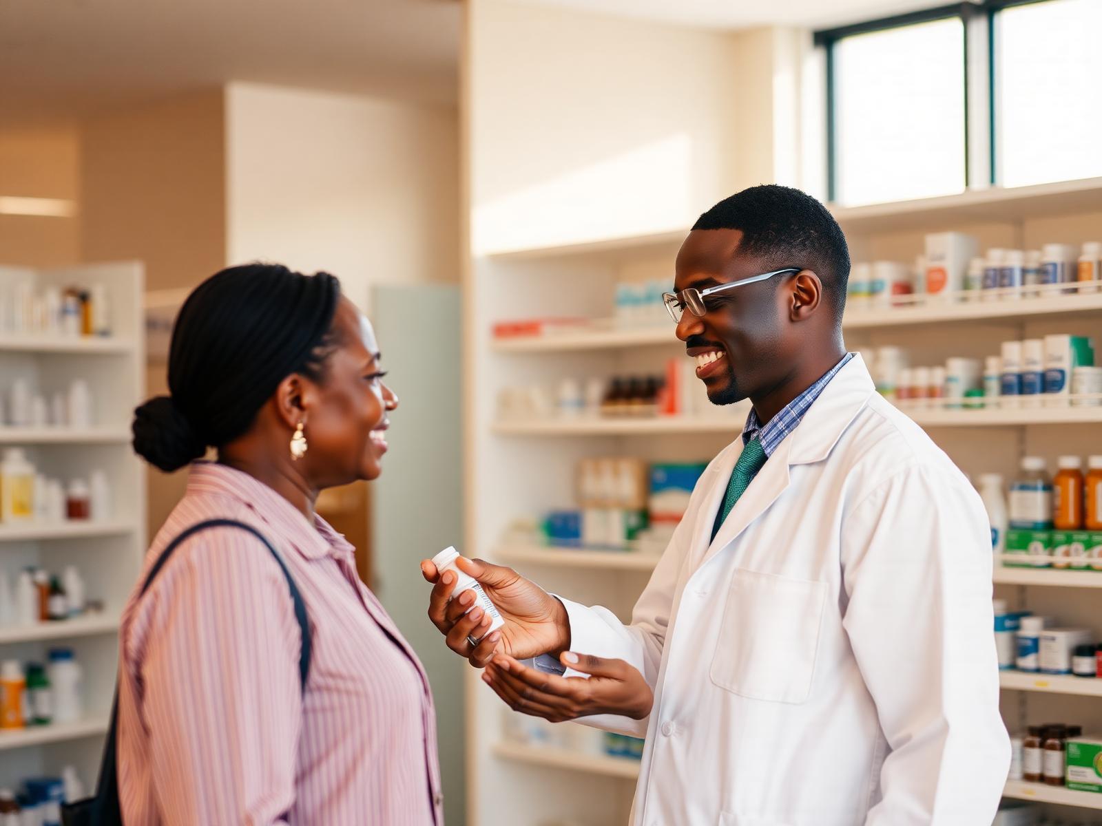 A Ugandan pharmacist handing medicine to a customer
